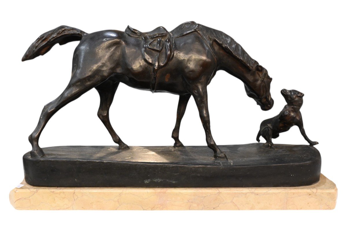 Scultura In Bronzo di Cavallo con Cane - Italia Inizio XX Secolo